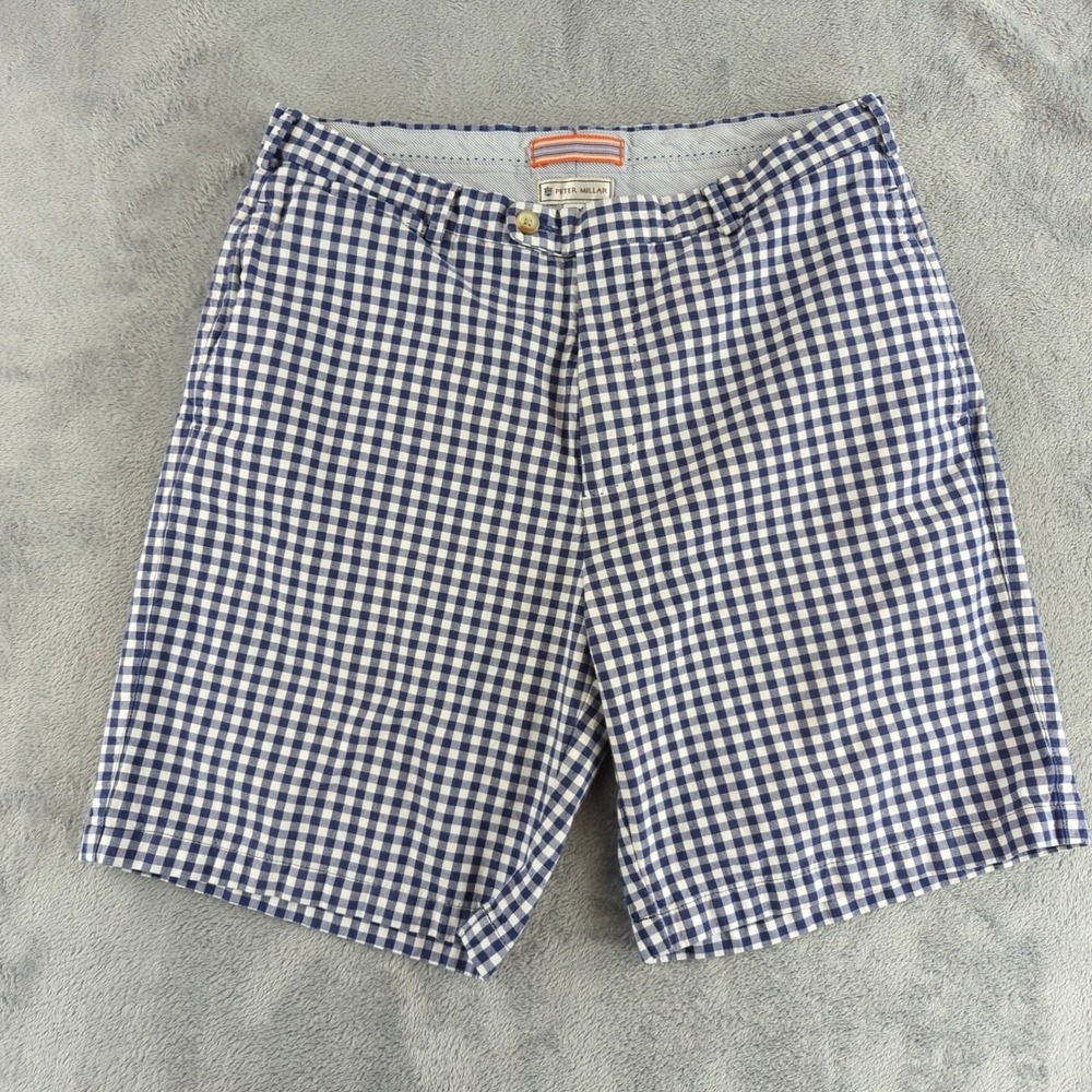 Peter Millar Blue and White Checkered Men's Flat Front Shorts